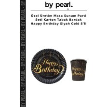 Özel Üretim Masa Sunum Parti Seti Karton Tabak Bardak Happy Brıthday Siyah Gold 8’li