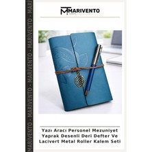 Yazı Aracı Personel Mezuniyet Yaprak Desenli Deri Defter ve Lacivert Metal Roller Kalem Seti