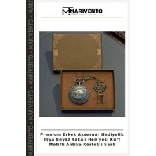 Premium Erkek Aksesuar Hediyelik Eşya Beyaz Yakalı Hediyesi Kurt Motifli Antika Köstekli Saat