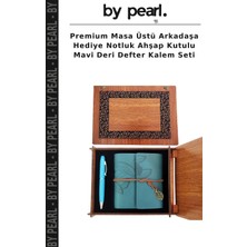 Premium Masa Üstü Arkadaşa Hediye Notluk Ahşap Kutulu Mavi Deri Defter Kalem Seti