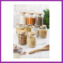 Bezos 9 Lu Set Bambu Kapaklı Cam Kavanoz & Erzak Saklama Kabı 800 ml Orta Boy ( Vakum Kapak ) BEZ10