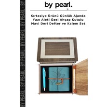 Kırtasiye Ürünü Günlük Ajanda Yazı Aleti Özel Ahşap Kutulu Mavi Deri Defter ve Kalem Set