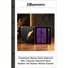 Premium Masa Üstü Hatırat Mor Yaprak Desenli Deri Defter ve Roller Metal Kalem