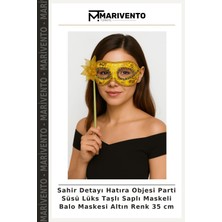 Sahir Detayı Hatıra Objesi Parti Süsü Lüks Taşlı Saplı Maskeli Balo Maskesi Altın Renk 35 cm