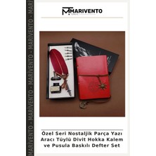 Özel Seri Nostaljik Parça Yazı Aracı Tüylü Divit Hokka Kalem ve Pusula Baskılı Defter Set