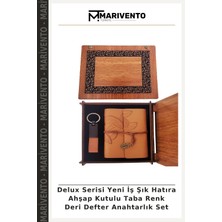 Delux Serisi Yeni Iş Şık Hatıra Ahşap Kutulu Taba Renk Deri Defter Anahtarlık Set