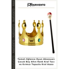 Temalı Eğlence Oyun Aksesuarı Çocuk Boy Altın Renk Kral Tacı ve Kırmızı Topuzlu Kral Asası