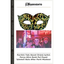 Parıltılı Takı Davet Ürünü Işıltılı Parça Altın Renk Pul Payet Işlemeli Balo After Parti Maskesi