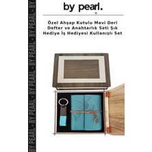 Özel Ahşap Kutulu Mavi Deri Defter ve Anahtarlık Seti Şık Hediye Iş Hediyesi Kullanışlı Set