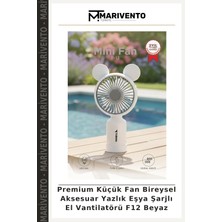 Premium Küçük Fan Bireysel Aksesuar Yazlık Eşya Şarjlı El Vantilatörü F12 Beyaz