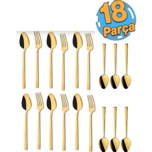 Zuzu Made 6 Kişilik 18 Parça Lüks Parlak Gold Çay Kaşığı Tatlı Kaşığı ve Tatlı Çatal Seti 18/10 Paslanmaz Çelik Tatlı Kaşık Çatal