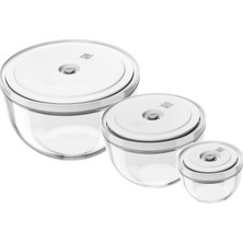 Happy Trend Fresh & Save Bowls Vakumlu Kase Seti, 6 Parça, S-12, M-18, L-24 Cm, Cam, Şeffaf-Beyaz