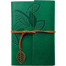 Happy Trend Retro Vintage Yaprak Baskılı Kolye Uçlu Deri Kapaklı Günlük Not Defteri Özel Tasarım Hediyelik Yeşil