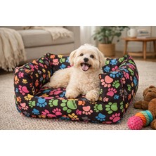 Happy Trend Desenli Kedi ve Köpek Yatağı – Küçük Irk Köpekler Için Yumuşak Minder, Konforlu Evcil Hayvan Yatağı (Siyah, Patili)