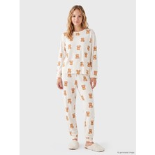 Lc Waikiki Yeni Sezon Ekru Ayıcık Desenli Kadın Pijama Takım
