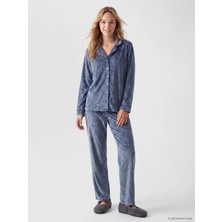 Lc Waikiki Yeni Sezon Indigo Gömlek Yaka Kadife Kadın Pijama Takım