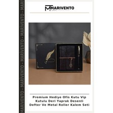 Premium Hediye Ofis Kutu Vip Kutulu Deri Yaprak Desenli Defter ve Metal Roller Kalem Seti