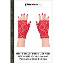 Özel Seri Şık Detay Göz Alıcı Gül Motifli Kırmızı Dantel Parmaksız Kısa Eldiven