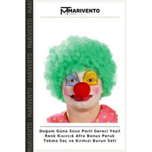Doğum Günü Süsü Parti Gereci Yeşil Renk Kıvırcık Afro Bonus Peruk Takma Saç ve Kırmızı Burun Seti