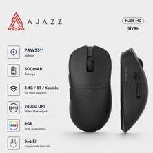 Universal Ajazz Kablosuz Oyuncu Mouse PAW3311 Sensör 24000 Dpı Bluetooth 5.0 2.4ghz USB Kablolu Rgb Aydınlatmalı Type C Şarjlı 300MAH 70G Sağ El Ergonomik | (NJ08 Mc - Siyah)