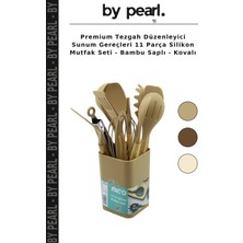 Premium Tezgah Düzenleyici Sunum Gereçleri 11 Parça Silikon Mutfak Seti - Bambu Saplı - Kovalı