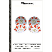 Kahve Molası Desenli Tabak Ikram Seti Kırmızı Beyaz Çay Tabağı - Melamin - Geleneksel Tasarımlı