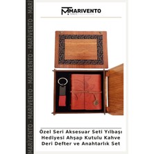 Özel Seri Aksesuar Seti Yılbaşı Hediyesi Ahşap Kutulu Kahve Deri Defter ve Anahtarlık Set