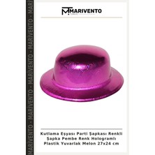 Kutlama Eşyası Parti Şapkası Renkli Şapka Pembe Renk Hologramlı Plastik Yuvarlak Melon 27X24 cm