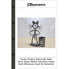 Farklı Hediye Dekoratif Obje Genç Odası Metal Saksafon Çalan Kedi Müzisyen Saat ve Kalemlik