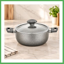 Astraltech Granit Derin Tencere 24 cm Cam Kapak Gri Kırçıllı Bezoss