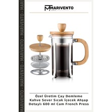Özel Üretim Çay Demleme Kahve Sever Sıcak Içecek Ahşap Detaylı 600 ml Cam French Press