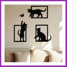Salmore 3D Baskı Kedi ve Kelebek Duvar Dekoru 3'lü Set Siyah Kedi Silüeti Duvar Süsü Bty