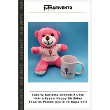Sürpriz Kutlama Dekoratif Obje Hatıra Eşyası Happy Birthday Tasarım Pembe Ayıcık ve Kupa Seti