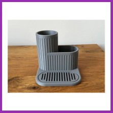 Salmore 3D Baskı Çizgili Lavabo Düzenleyici Süzdürmeli Tepsili Bulaşık Fırçası ve Sünger Tutucu Kompakt Lavabo - Gri Bty