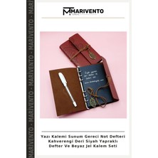 Yazı Kalemi Sunum Gereci Not Defteri Kahverengi Deri Siyah Yapraklı Defter ve Beyaz Jel Kalem Seti