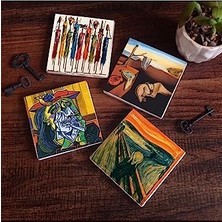 Defne Store Salvador Dalí Belleğin Azmi, Picasso Ağlayan Kadın, Çığlık, Yerli Kadınlar Taş Bardak Altlığı Seti - 4 Parça - Dekoratif, Rustik Mutfak Aksesuarı, 10X10 Cm, Kaydırmaz Tabanlı SC323