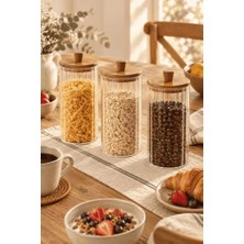 Defne Store 3'lü Akasya Ahşap Kapaklı Çizgili Cam Kavanoz 1160 ml - Vakumlu Erzak ve Bakliyat Kabı
