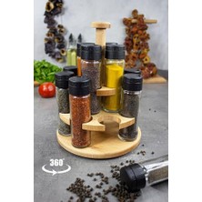 Defne Store Ginger 12'li Döner Platform Baharatlık Takımı, Ahşap Standlı Döner Platform 12'li Baharatlık Seti