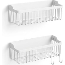 Defne Store 2'li Yapışkanlı Banyo ve Mutfak Rafı, Siyah Plastik 25 x 10 x 10 Cm, Su Tahliyeli Duş Organizeri, Askılı Duvar Düzenleyici (Beyaz)