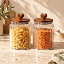 Defne Store Kalp Akasya Kapaklı Cam Kavanoz Seti 2'li 1300 ml Kuru Gıda Kabı