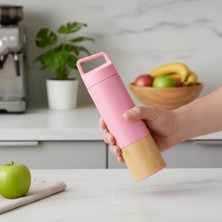 Defne Store 600 ml Bambu Tabanlı Kulplu Çelik Termos Mug - 5 Renk Seçenekli Sıcak/soğuk Tutucu Seyahat Bardağı (Pembe)