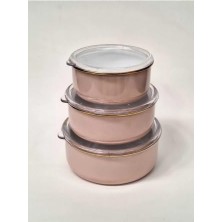 Defne Store Saklama Kabı, Gizem Üçlü Vakum Kapaklı Emaye Seti, 14/16/18 Cm, Pembe