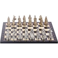 Defne Store Büyük Boy Metal Osmanlı Bizans Satranç Takımı Parlak ve Ceviz Desenli Mdf Ahşap Satranç Tahtası (37X37 Cm.)