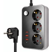 Defne Store Akım Korumalı Priz, 3'lü, Termal, 3 Metre Çoklayıcı, 2 USB 1 Type-C Girişli 16A 4000W Üçlü Dönüştürücü Uzatma Kablosu 3 Adet Anahtarlı Giriş, Çocuk ve Isı Koruması, Masaüstü Duvar Çoklu Prizi