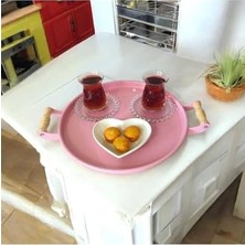 Defne Store Eceaksesuar Tepsi Ahşap Kulplu Metal Çay Tepsisi Kahve Tepsisi Sunum Kahvaltı Tepsisi Pembe 30 cm