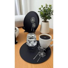 Defne Store 2 Adet Ahşap Yuvarlak Çay, Kahve, Servis Tepsisi Sunum Tepsisi 15 cm Yaşam Çiçeği-Siyah