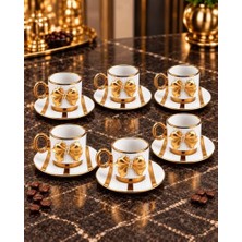 Defne Store Fiyonk Detaylı 6 Kişilik 12 Parça Türk Kahvesi Fincan Seti 80 ml Gold Porselen Söz Fincanı