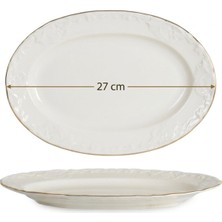 İpek Porselen 27 cm Cream Altın Yaldızlı Kabartma Goncagül Desen Porselen Kayık Tabak – Şık Servis ve Sunum Tabağı