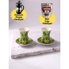 Airobazar El Yapımı Yeşil Seramik 2 Kişilik Türk Çay Bardağı Seti - Lale Desenli + French Press ve Nar Çayı Hediyeli