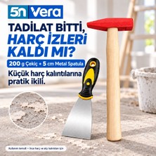 5N Vera Hafif Kazıma Için Çekiç ve Spatula Seti – 200 Gram Ahşap Saplı Çekiç, 5 cm Metal Spatula, Ince Harç ve Alçı Kalıntıları Için
